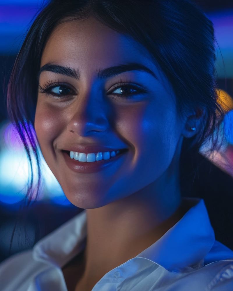 Mulher sorrindo, com fundo desfocado