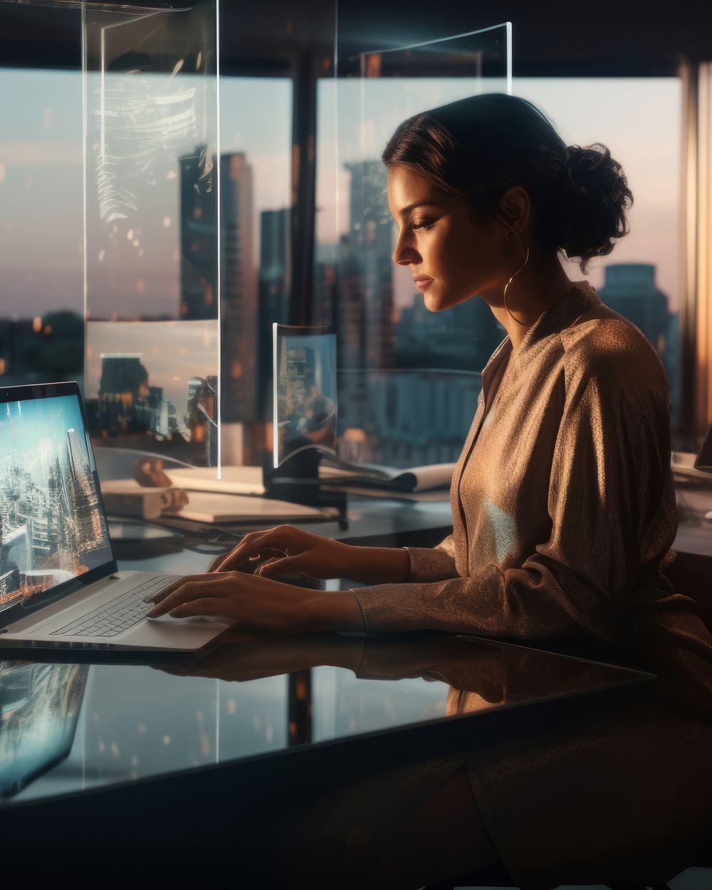 Profissional trabalhando no notebook diante de telas com painéis de dados